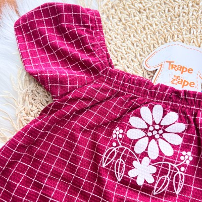 Conj. Batinha e Short Xadrez com Flores  - Bordô